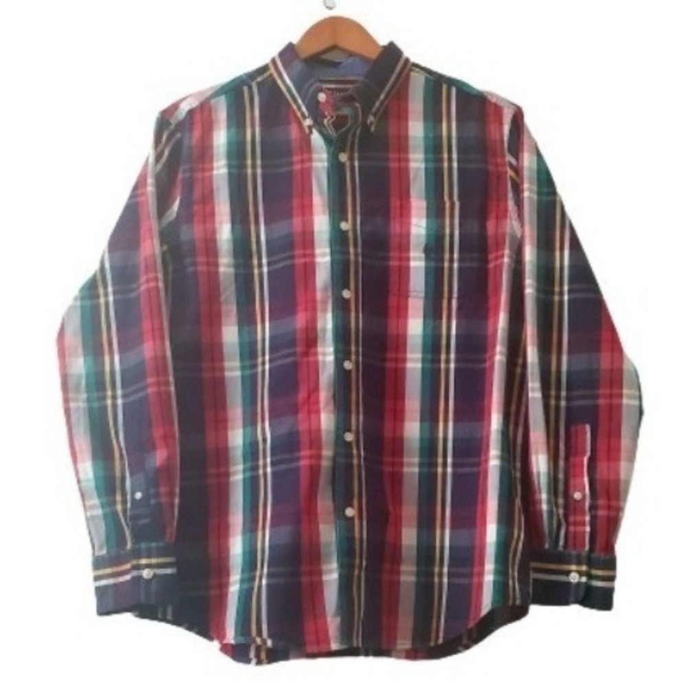 CHAPS Men's Newport Navy Stretch Poplin Plaid Button Down Long-Sleeve Shirt L/G - Picture 2 of 16